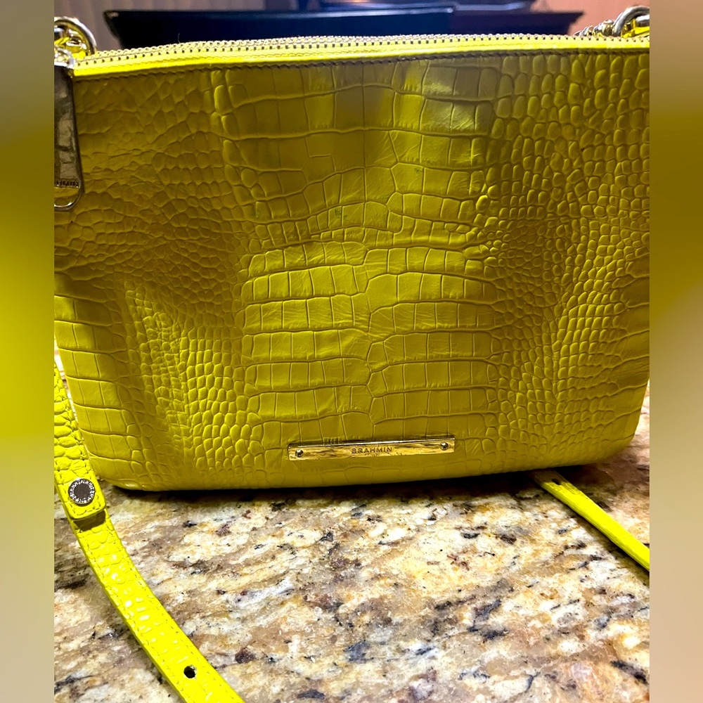 BRAHIM crossbody shoulder bag. Yellow reptile textured Leather bag.